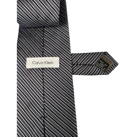 Calvin Klein Mens Vintage Gray and Brown Classic Design Striped Silk Tie - Picture 4 of 9